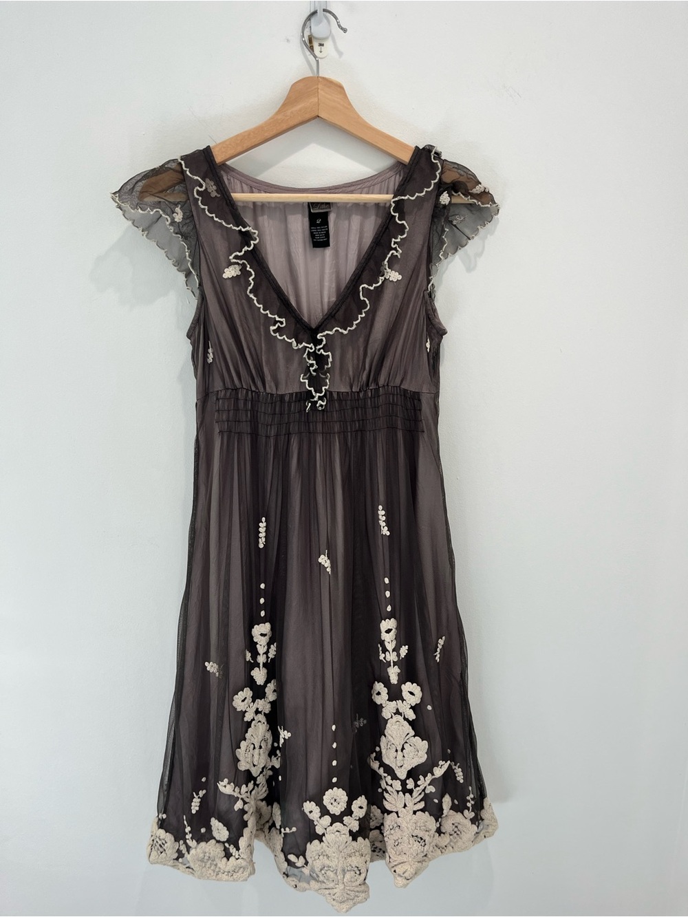 ANTHROPOLOGIE Lithe Sheer Embroidered Charcoal Dress w/ Cream Floral Embroidery